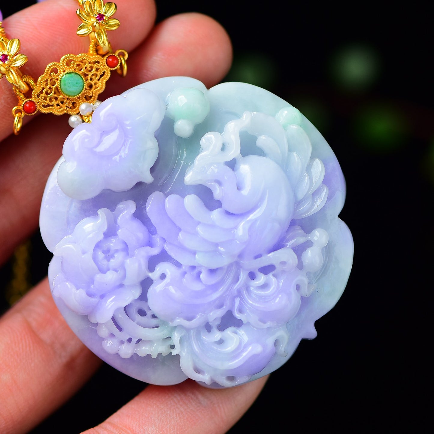 A1890 Exquisite Purple Jadeite Carved Phoenix & Peony Pendant w 18K Gold Buckle Jadeite Beads Necklace