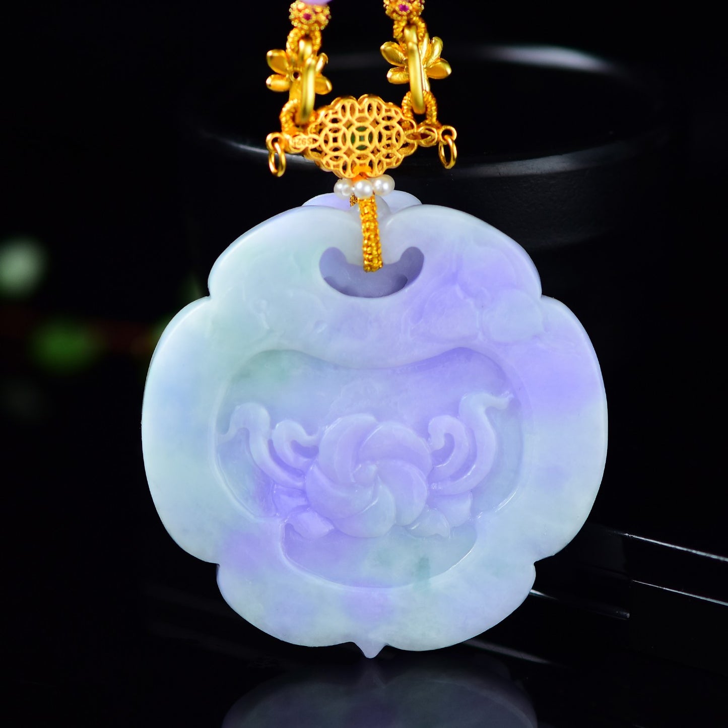 A1890 Exquisite Purple Jadeite Carved Phoenix & Peony Pendant w 18K Gold Buckle Jadeite Beads Necklace