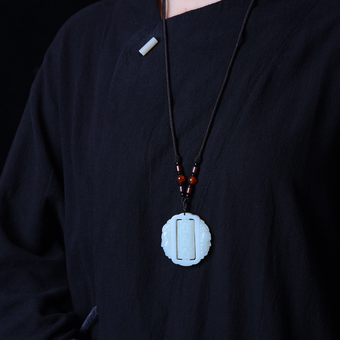 A1894 Openwork Chinese Hetian Jade Buddha Pendant w Hand Woven Agate Beads Necklace