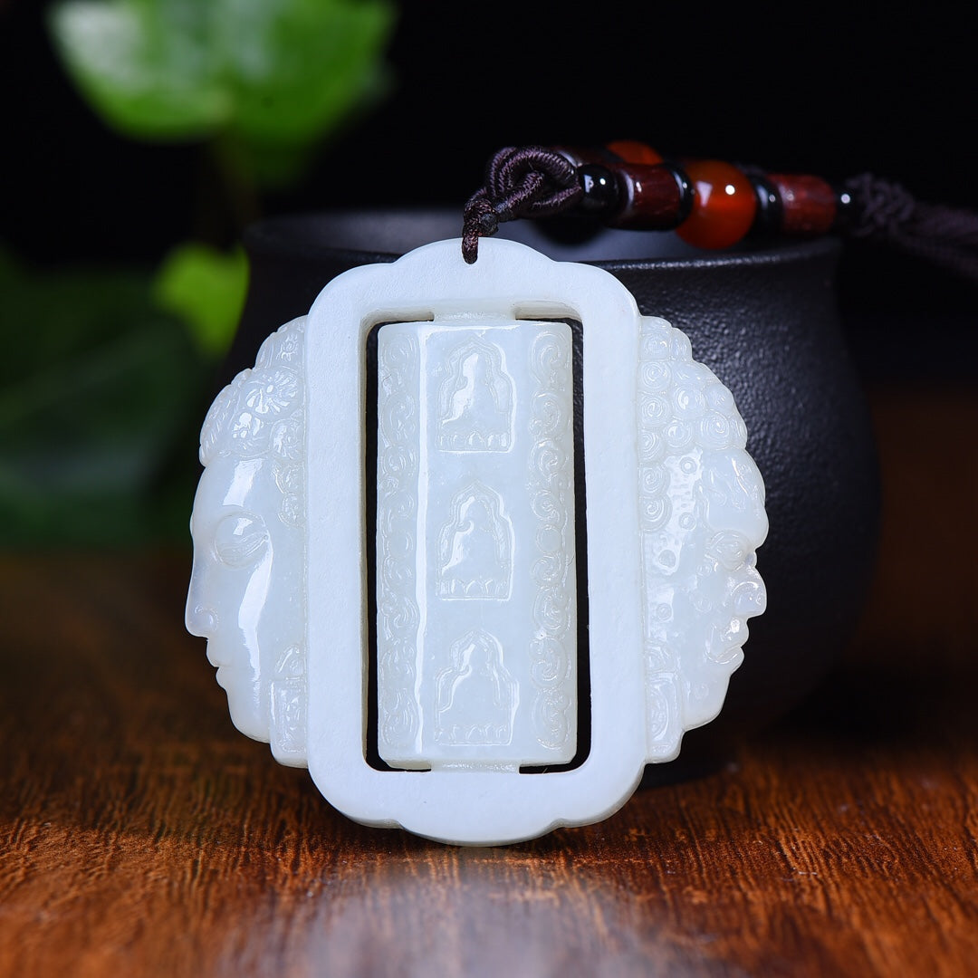 A1894 Openwork Chinese Hetian Jade Buddha Pendant w Hand Woven Agate Beads Necklace