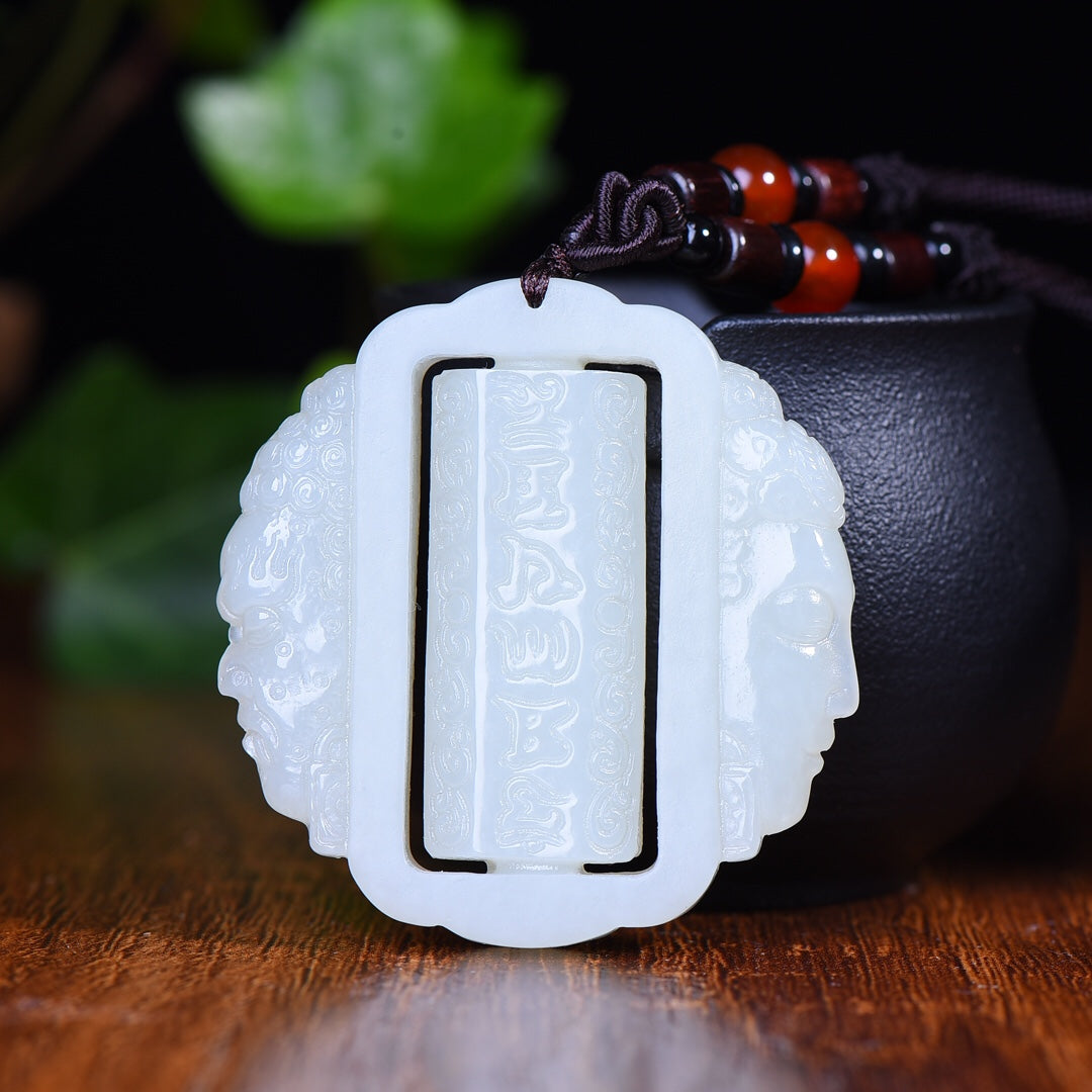 A1894 Openwork Chinese Hetian Jade Buddha Pendant w Hand Woven Agate Beads Necklace