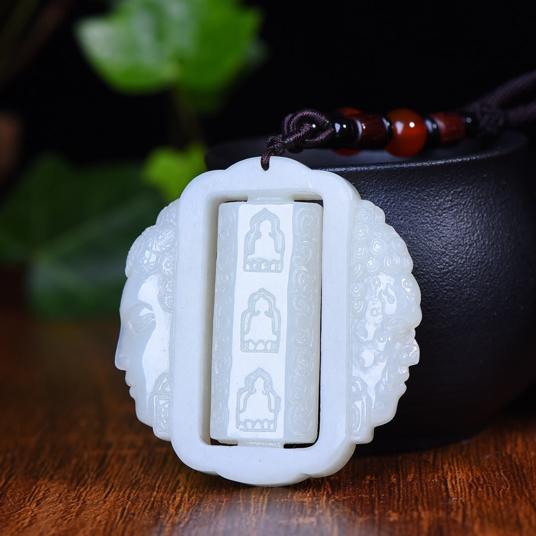A1894 Openwork Chinese Hetian Jade Buddha Pendant w Hand Woven Agate Beads Necklace