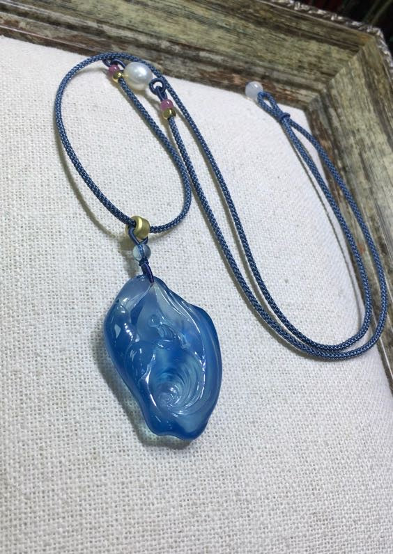 A1898 Beautiful Aquamarine Carved Buddha Pendant w Hand Woven Necklace