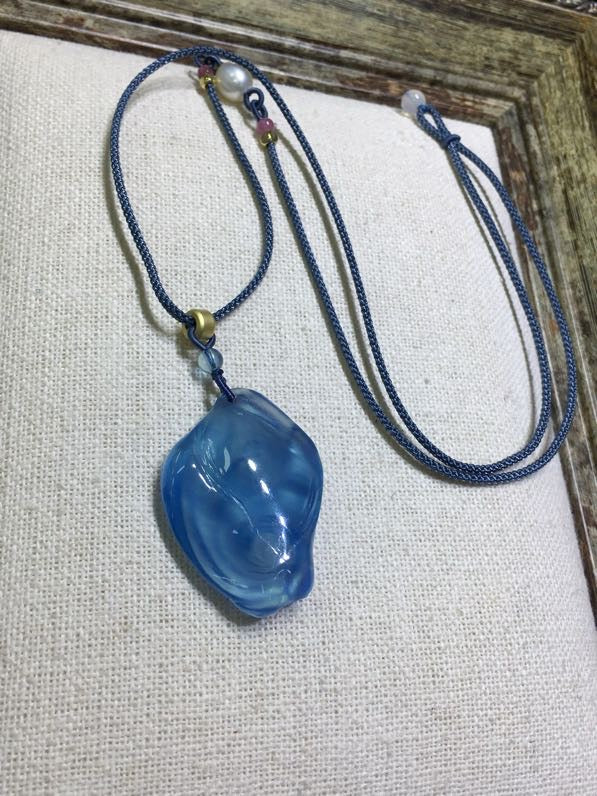A1898 Beautiful Aquamarine Carved Buddha Pendant w Hand Woven Necklace