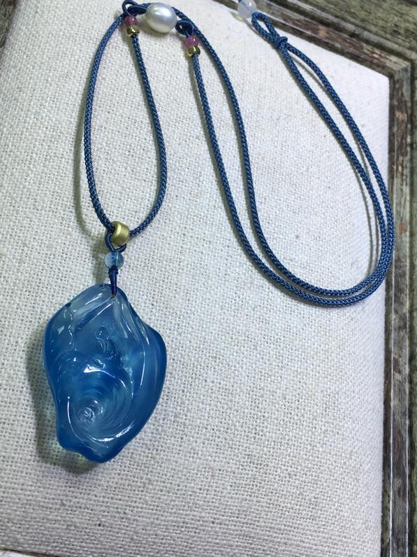 A1898 Beautiful Aquamarine Carved Buddha Pendant w Hand Woven Necklace