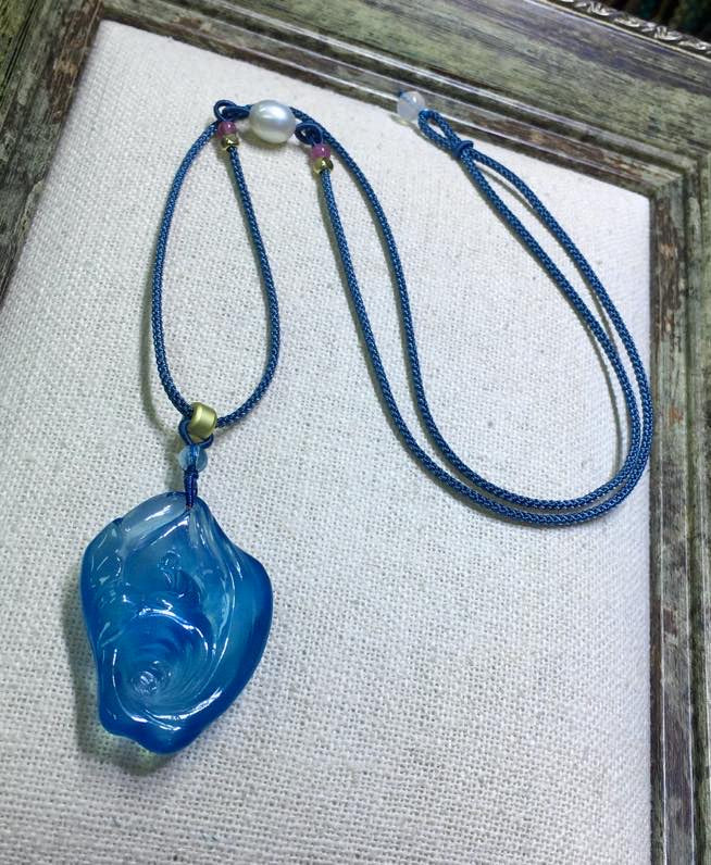 A1898 Beautiful Aquamarine Carved Buddha Pendant w Hand Woven Necklace