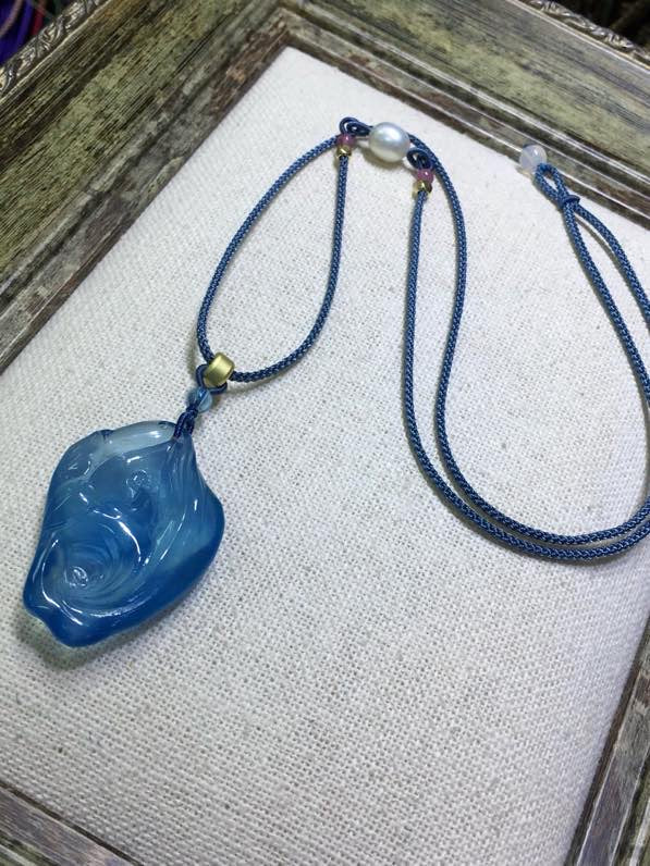 A1898 Beautiful Aquamarine Carved Buddha Pendant w Hand Woven Necklace
