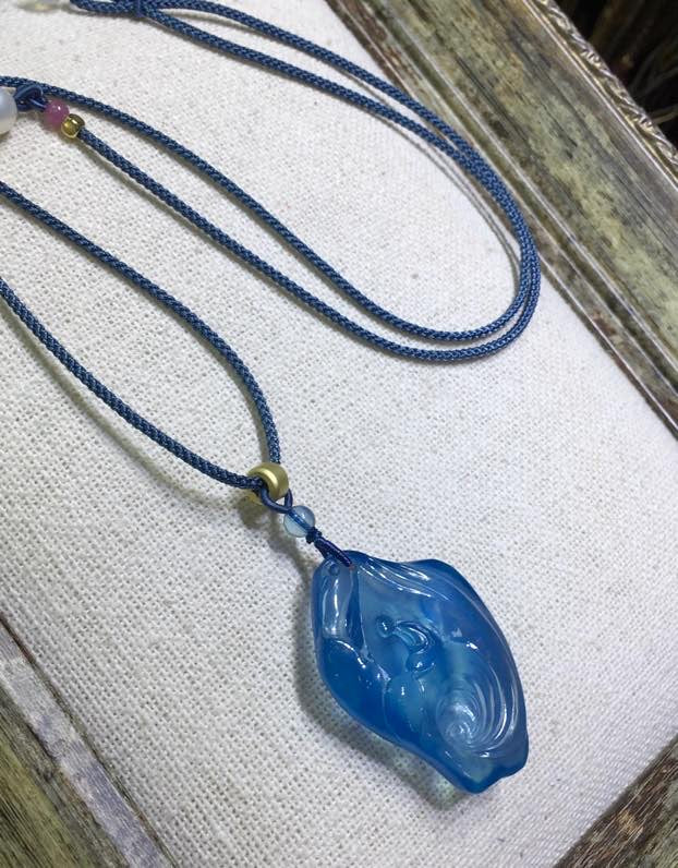 A1898 Beautiful Aquamarine Carved Buddha Pendant w Hand Woven Necklace