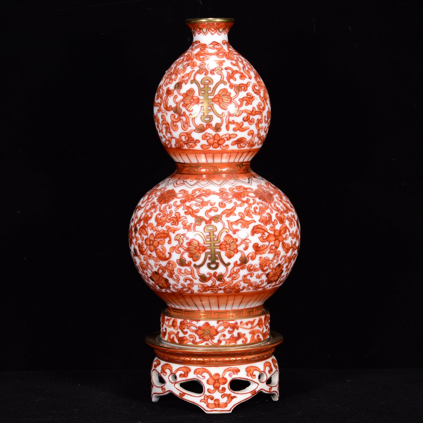 A1916 Chinese Qing Dynasty Gilt Edge Iron Red Glaze Flowers Design Gourd Shape Turn Heart Porcelain Vase