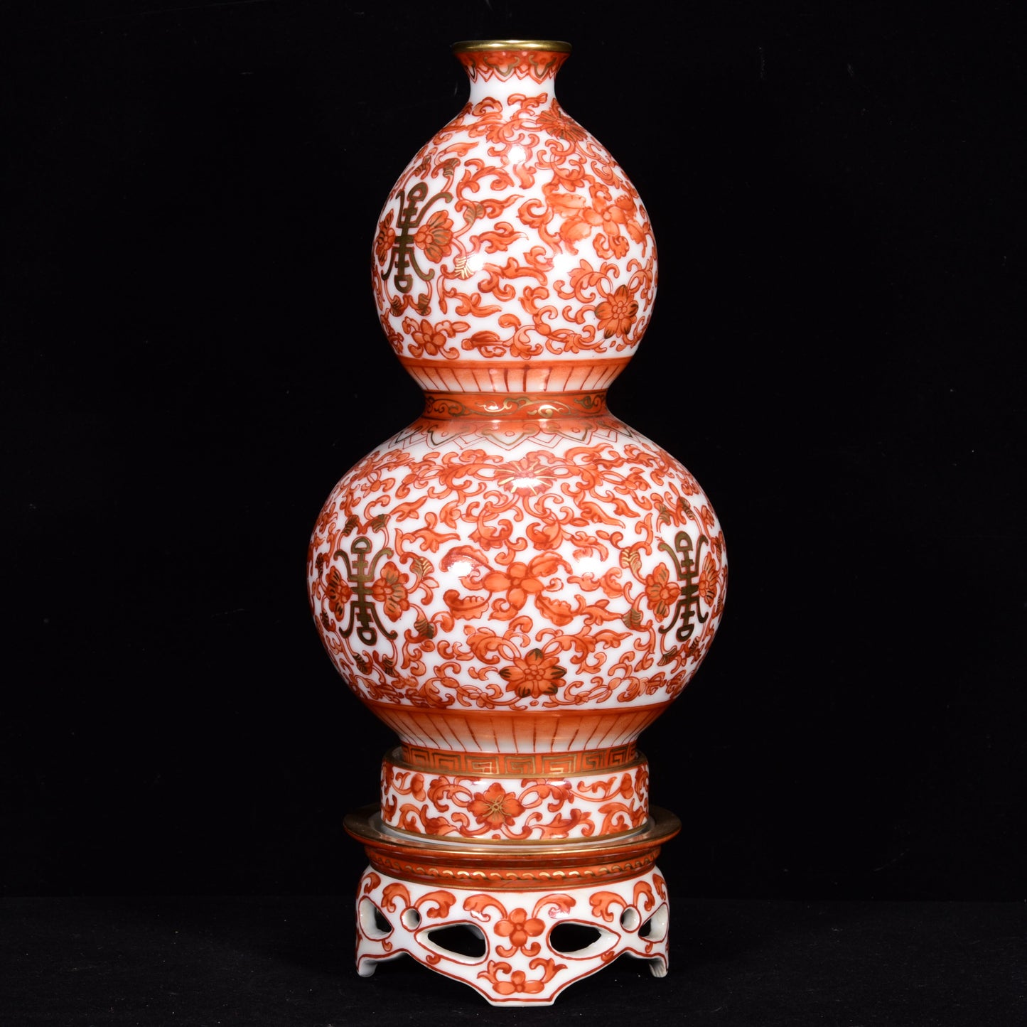 A1916 Chinese Qing Dynasty Gilt Edge Iron Red Glaze Flowers Design Gourd Shape Turn Heart Porcelain Vase