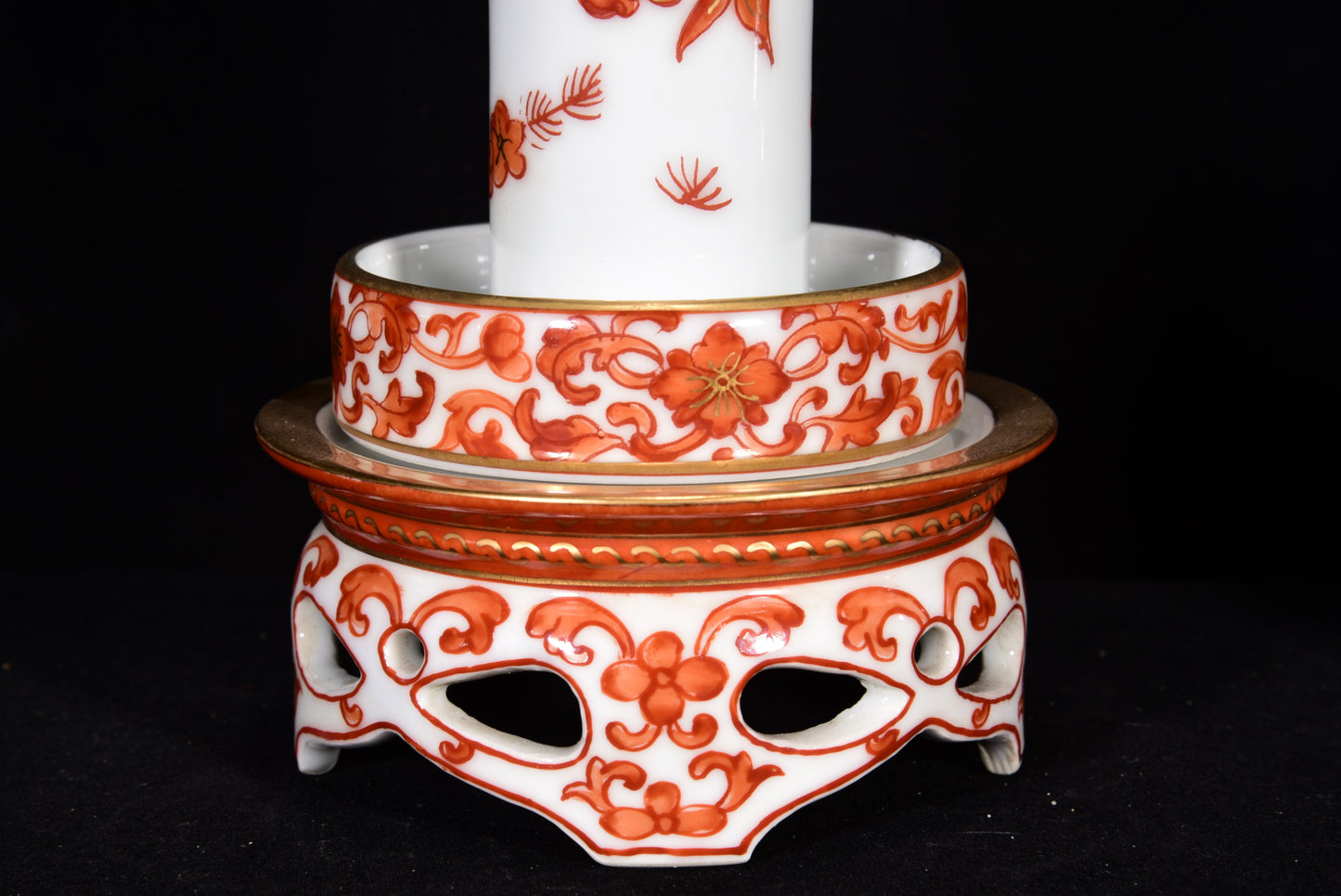 A1916 Chinese Qing Dynasty Gilt Edge Iron Red Glaze Flowers Design Gourd Shape Turn Heart Porcelain Vase