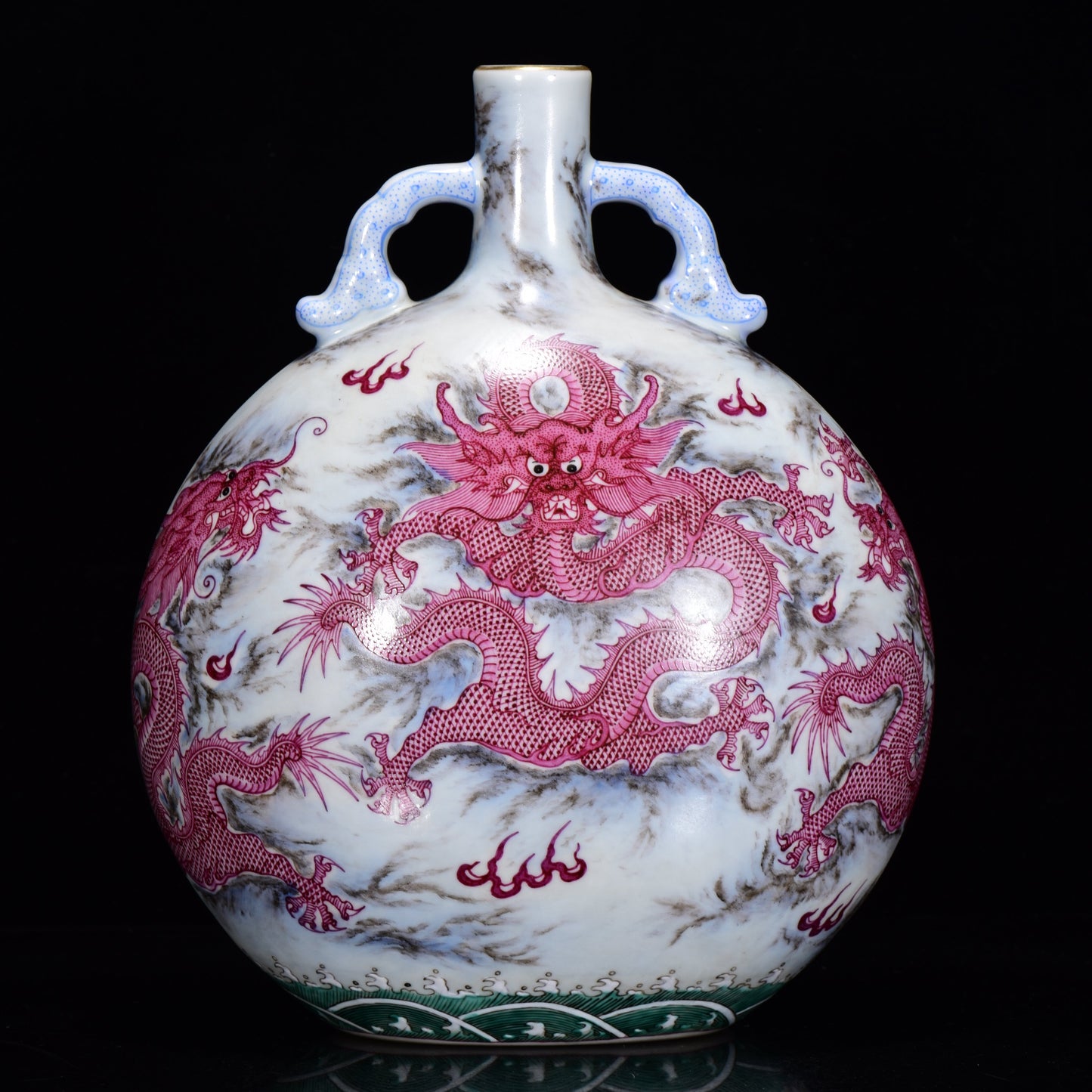 A1923 Chinese Qing Dynasty Gilt Edge Rouge Red Glaze Fortune Dragon Design Porcelain Vase