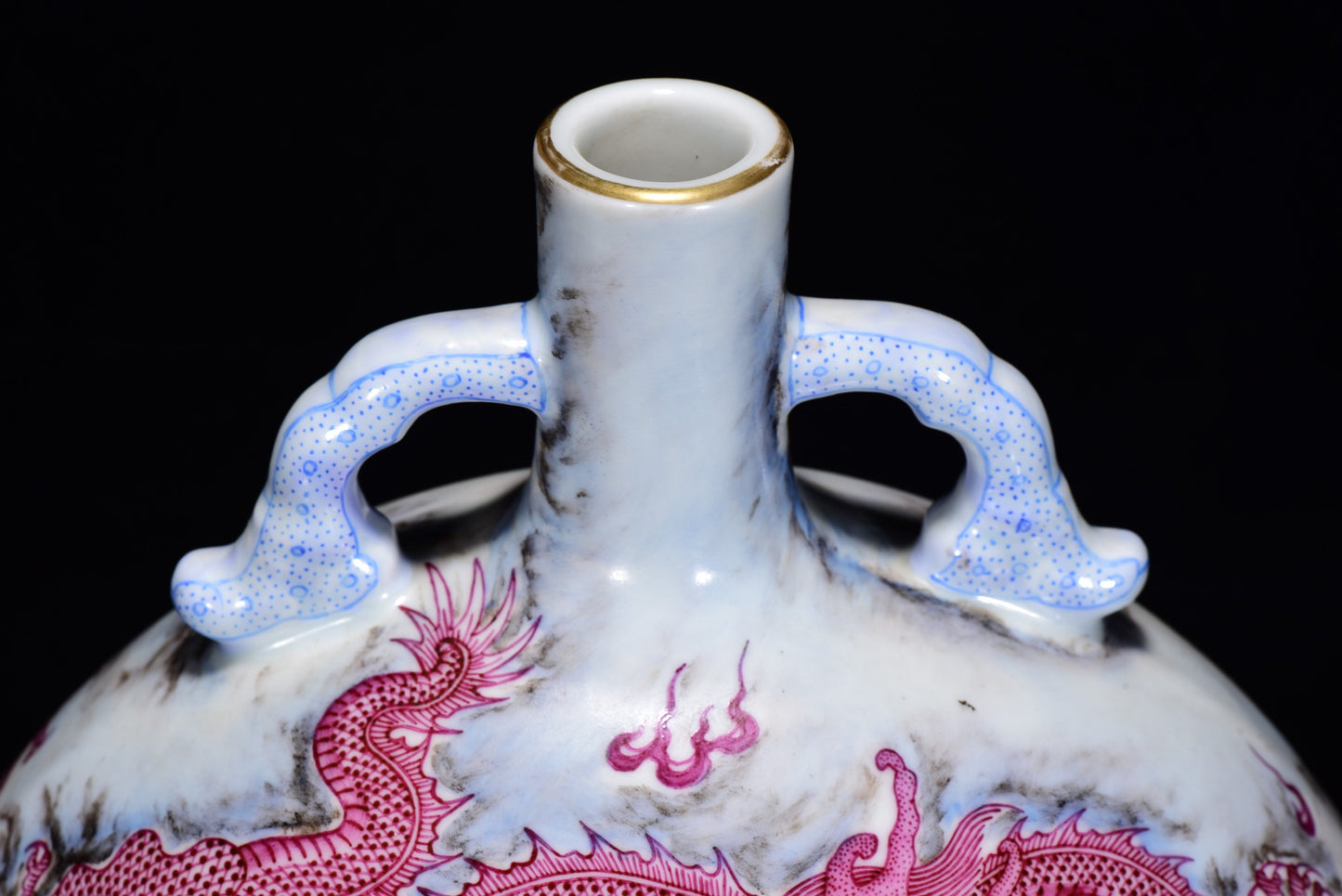 A1923 Chinese Qing Dynasty Gilt Edge Rouge Red Glaze Fortune Dragon Design Porcelain Vase