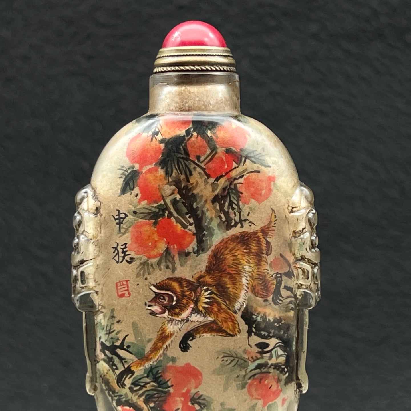 A1927 Old Chinese Peking Glass Inside Painting Monkey & Peach Design Snuff Bottle w Stopper