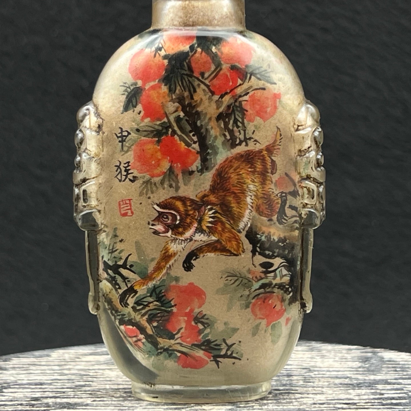 A1927 Old Chinese Peking Glass Inside Painting Monkey & Peach Design Snuff Bottle w Stopper