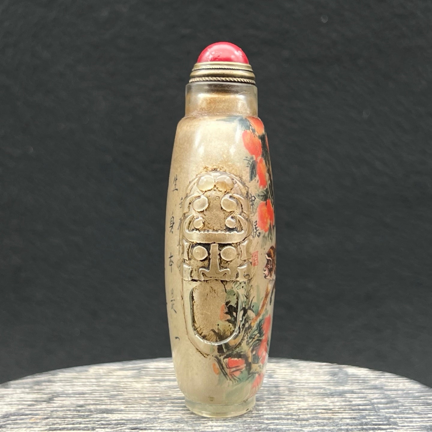 A1927 Old Chinese Peking Glass Inside Painting Monkey & Peach Design Snuff Bottle w Stopper