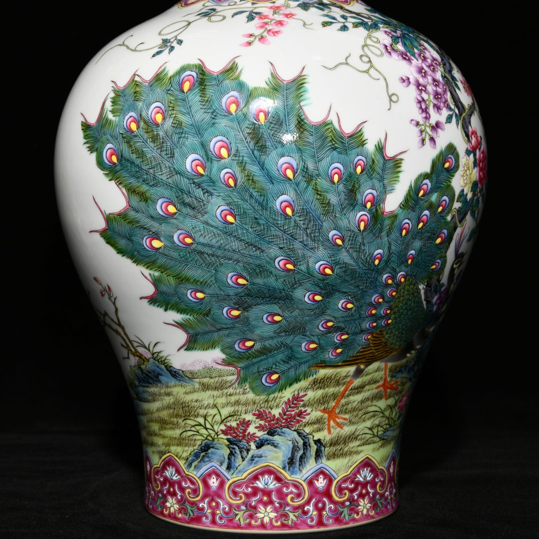 A1931 Chinese Qing Dynasty Gilt Edge Famille Rose Flowers & Peacock Design Porcelain Vase