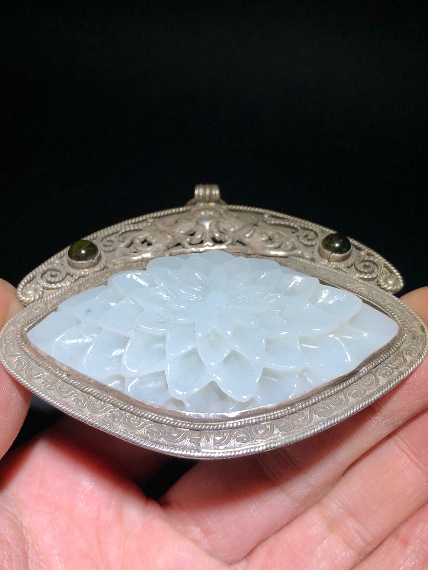 A1933 Vintage Chinese Pure Silver Inlay Hetian Jade Peony Pendant
