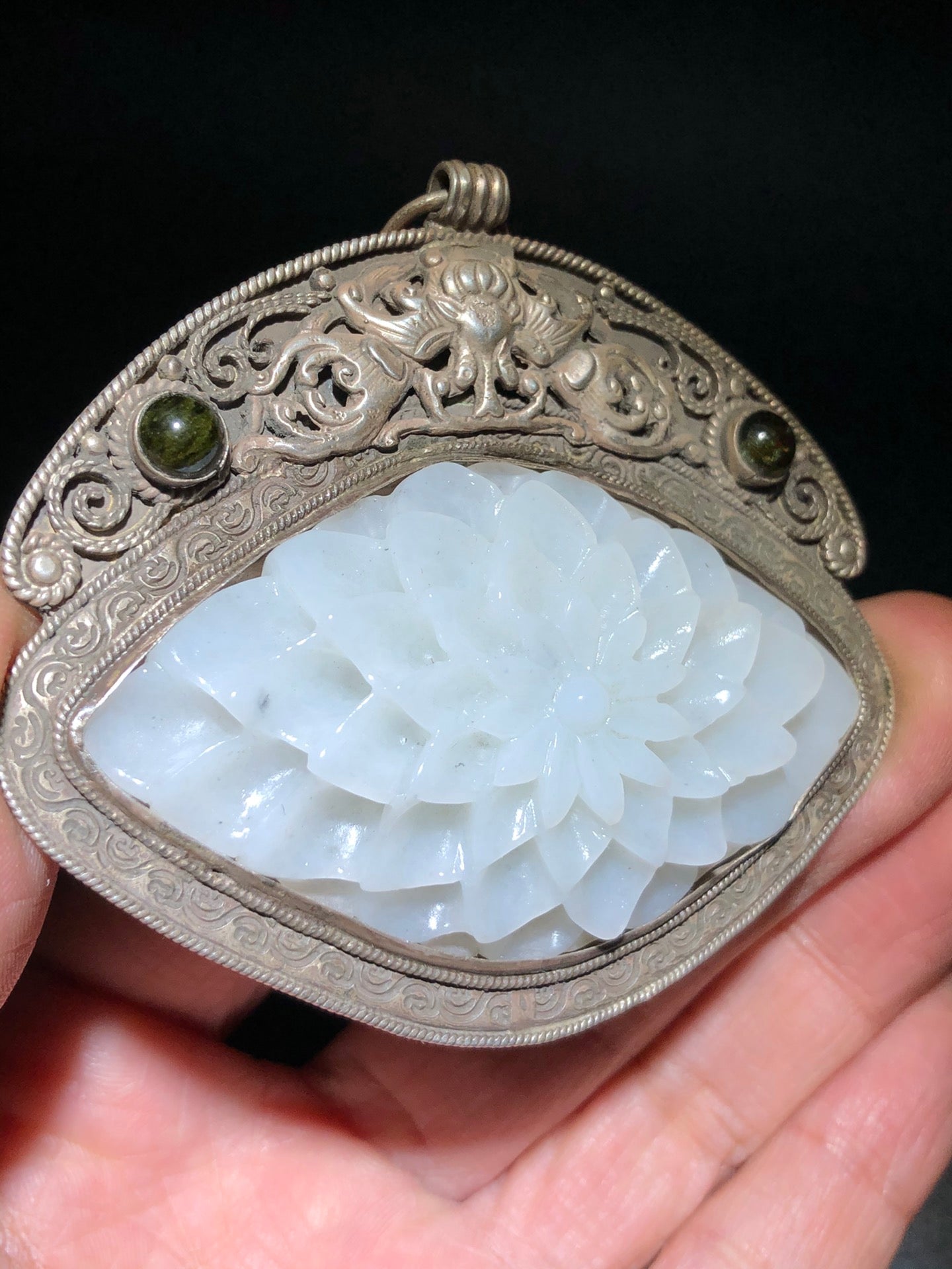 A1933 Vintage Chinese Pure Silver Inlay Hetian Jade Peony Pendant