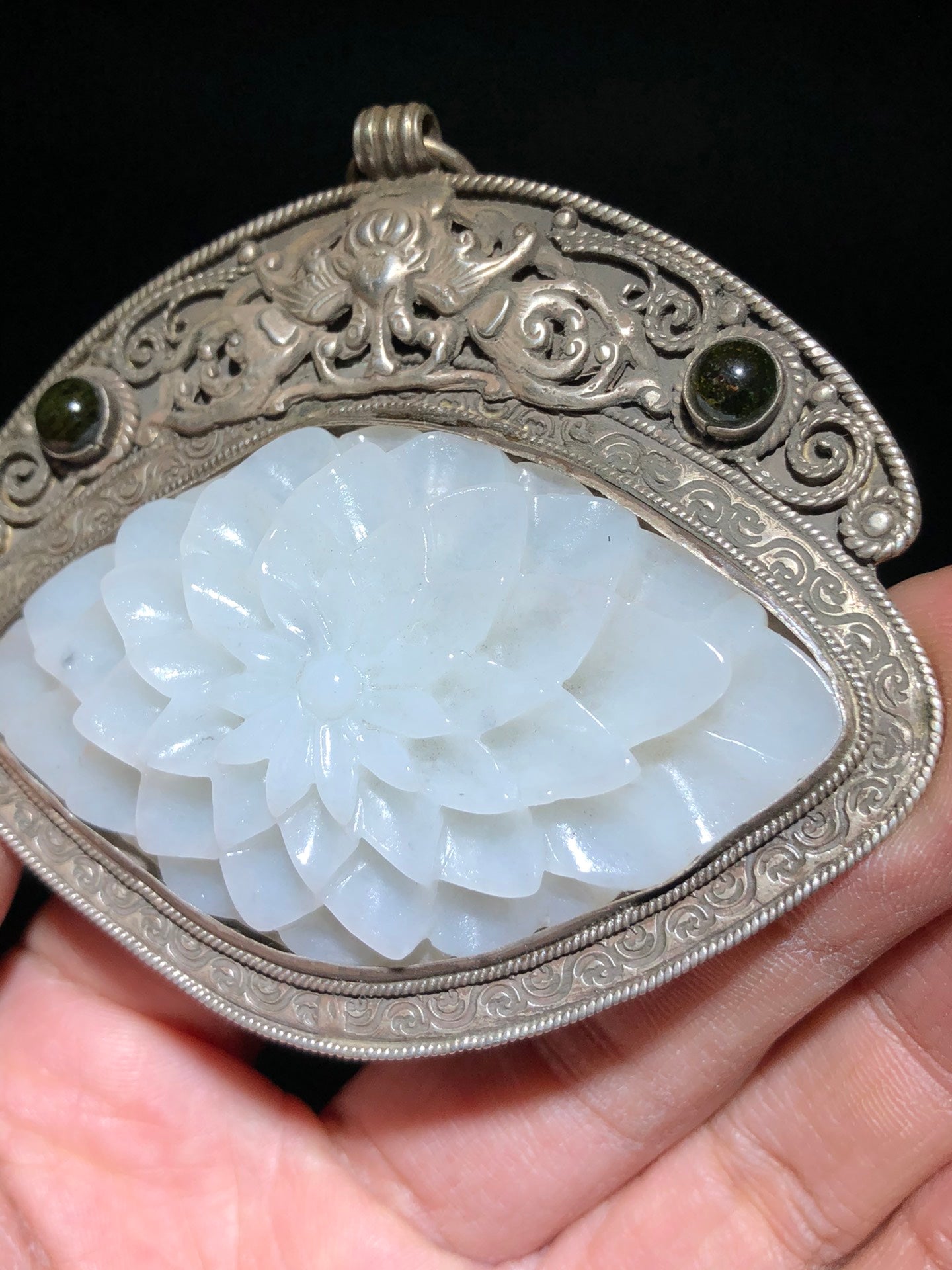 A1933 Vintage Chinese Pure Silver Inlay Hetian Jade Peony Pendant
