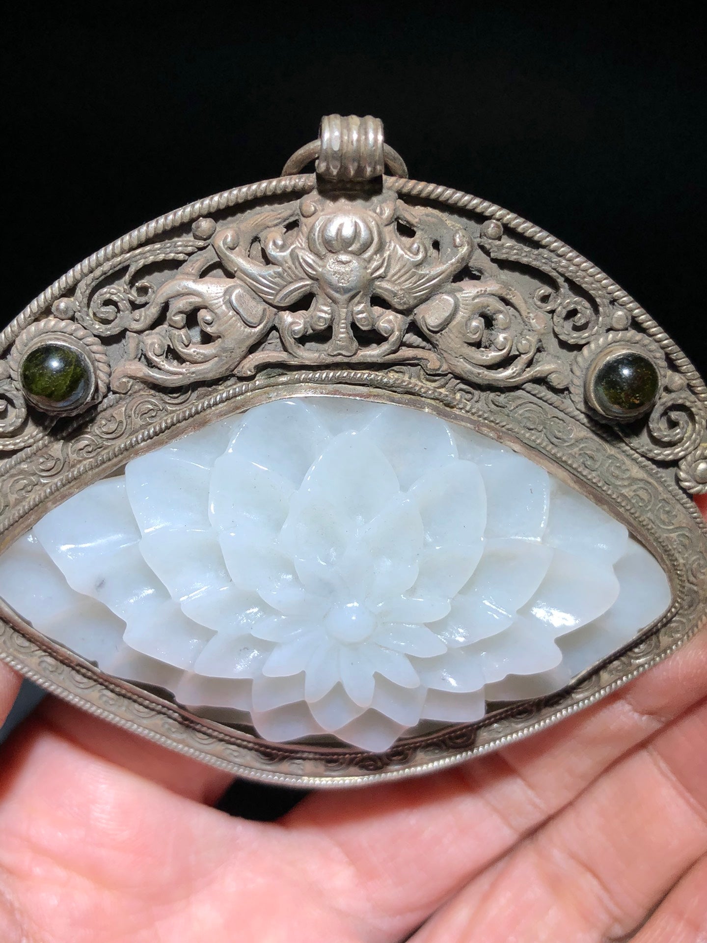 A1933 Vintage Chinese Pure Silver Inlay Hetian Jade Peony Pendant