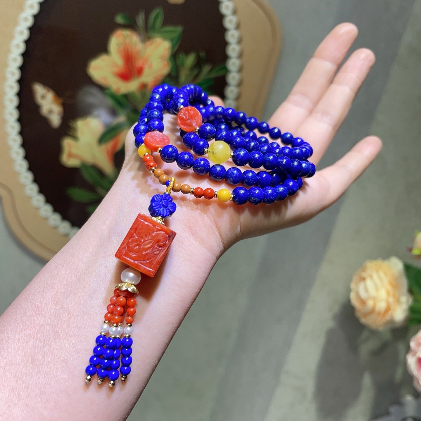 A1940 Hand Woven 108Beads Lapis Lazuli & Nanhong Agate & Beeswax Beads Necklace
