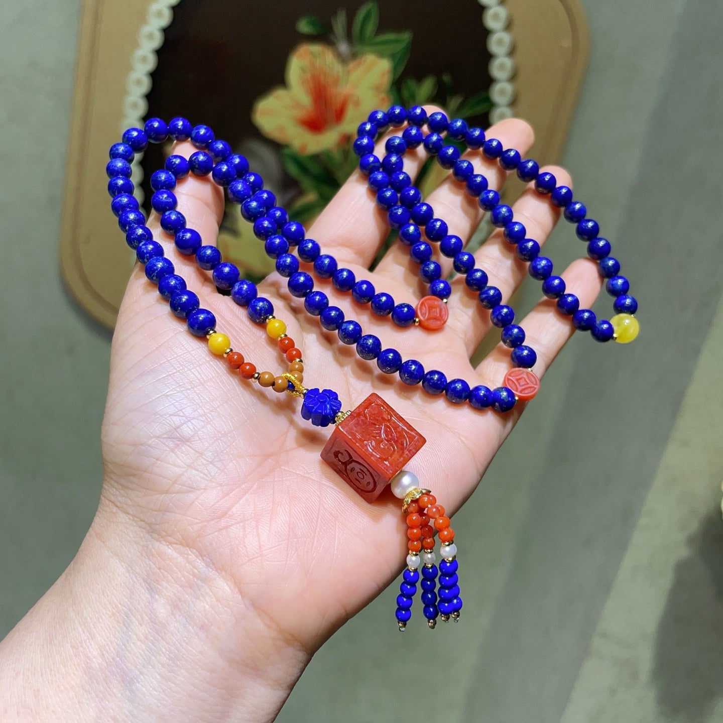 A1940 Hand Woven 108Beads Lapis Lazuli & Nanhong Agate & Beeswax Beads Necklace