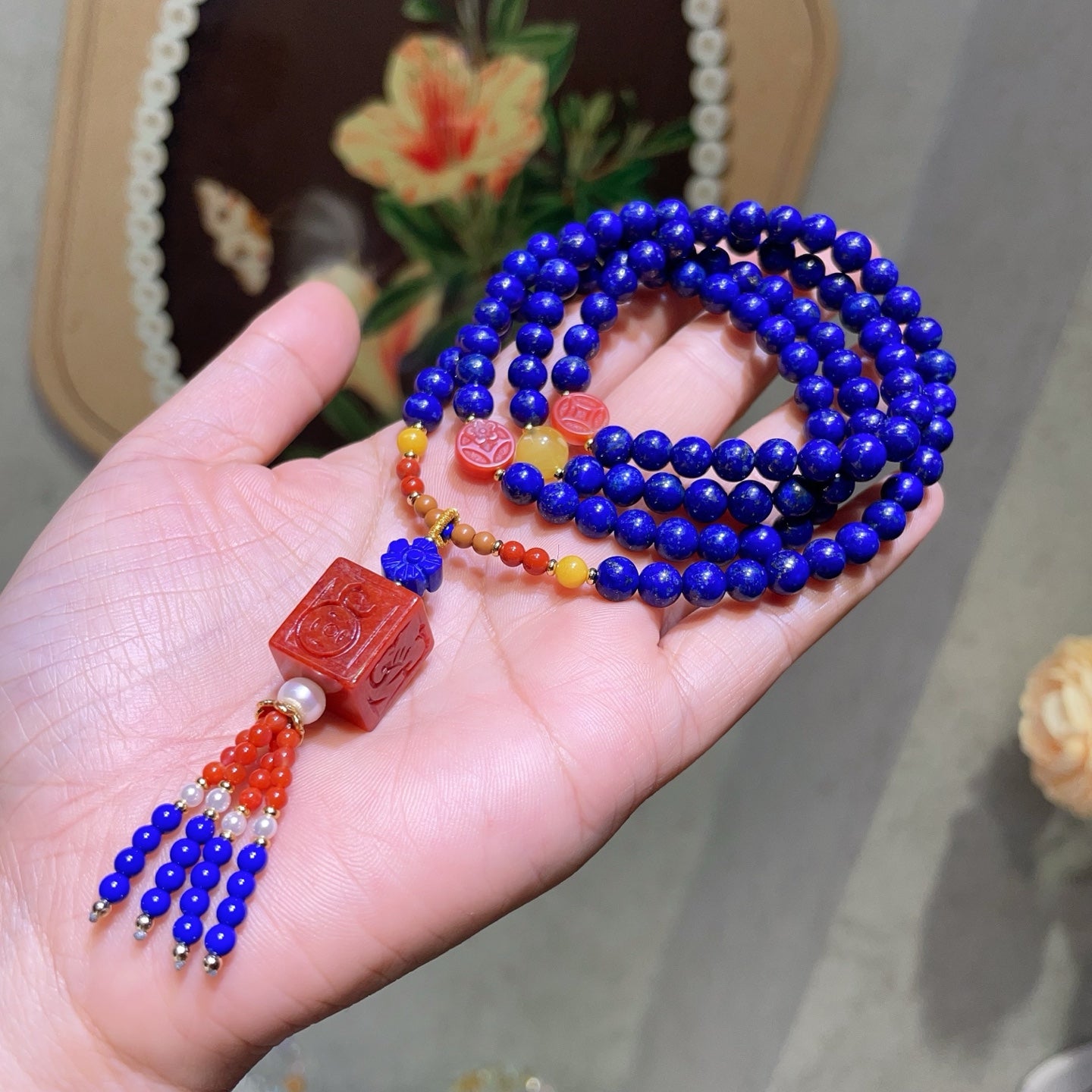 A1940 Hand Woven 108Beads Lapis Lazuli & Nanhong Agate & Beeswax Beads Necklace