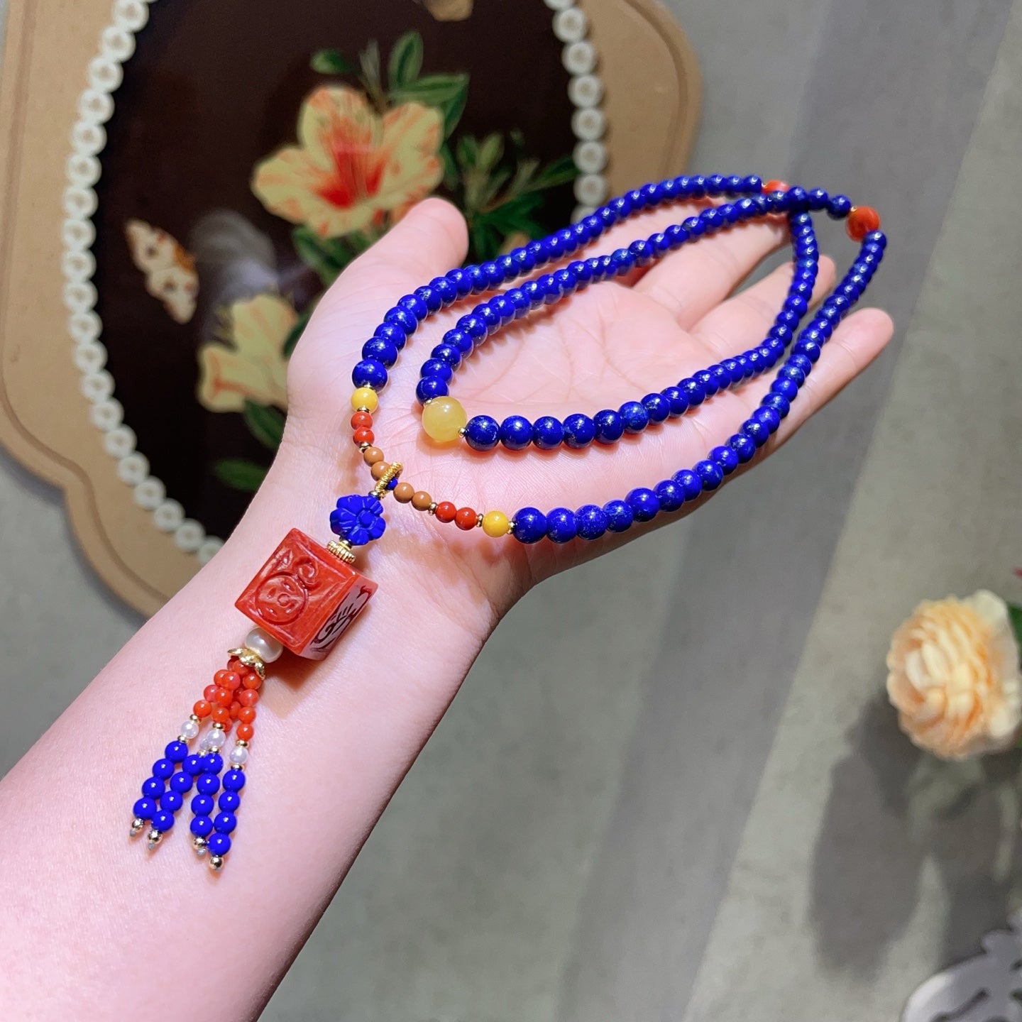 A1940 Hand Woven 108Beads Lapis Lazuli & Nanhong Agate & Beeswax Beads Necklace