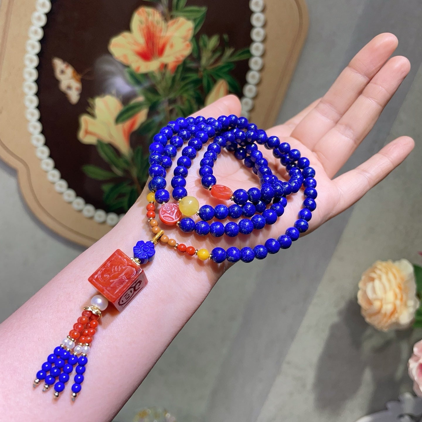 A1940 Hand Woven 108Beads Lapis Lazuli & Nanhong Agate & Beeswax Beads Necklace