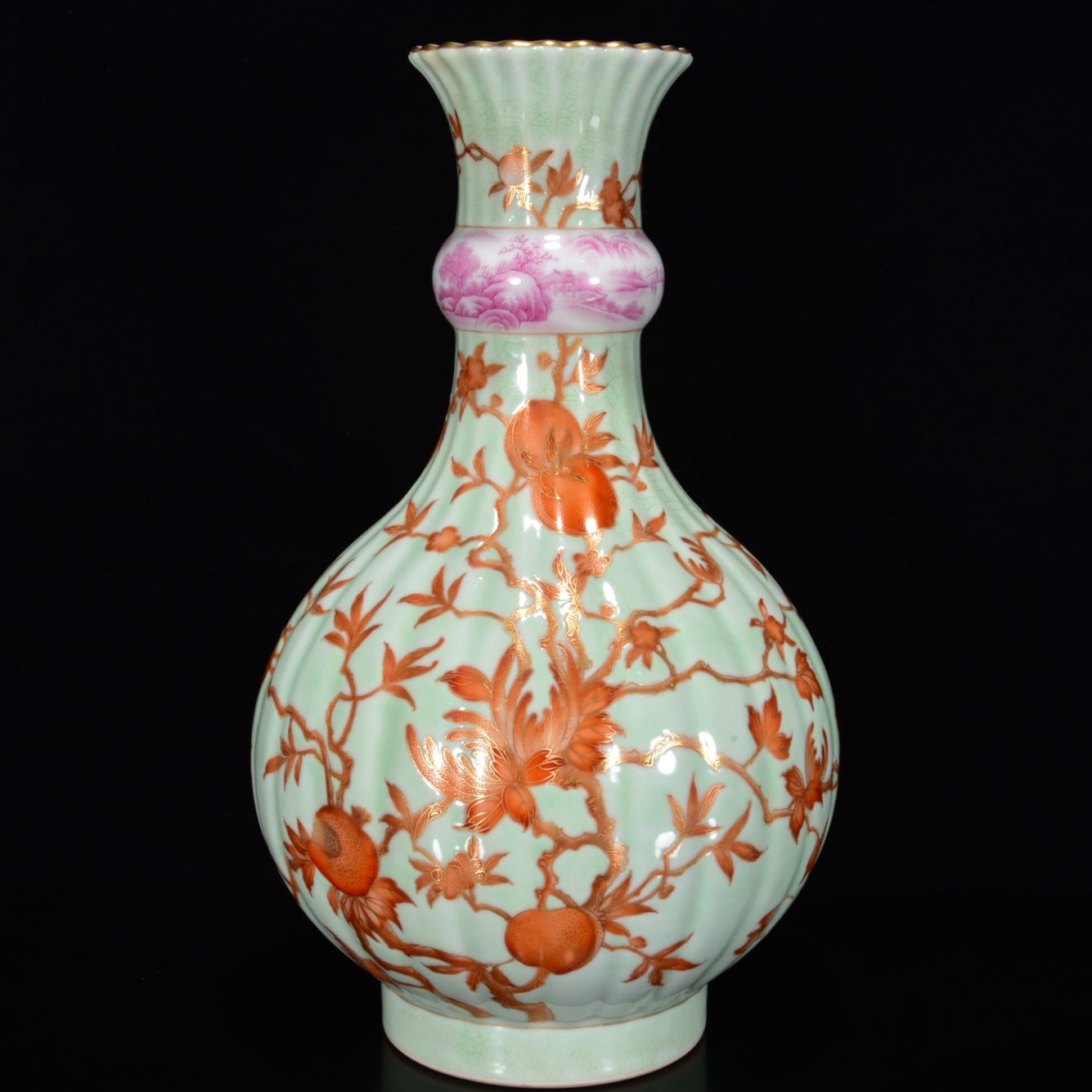 A1941 Chinese Gilt Edge Green Glaze Iron Red Glaze Pomegranate Design Porcelain Vase