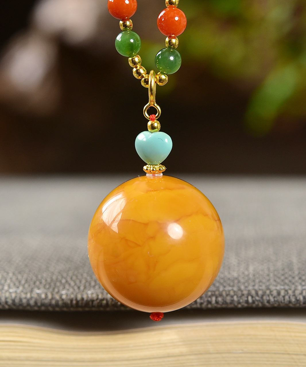 A1944 Beautiful Beeswax Bead Pendant w Hand Woven Nanhong Agate & Green Hetian Jade Beads Necklace