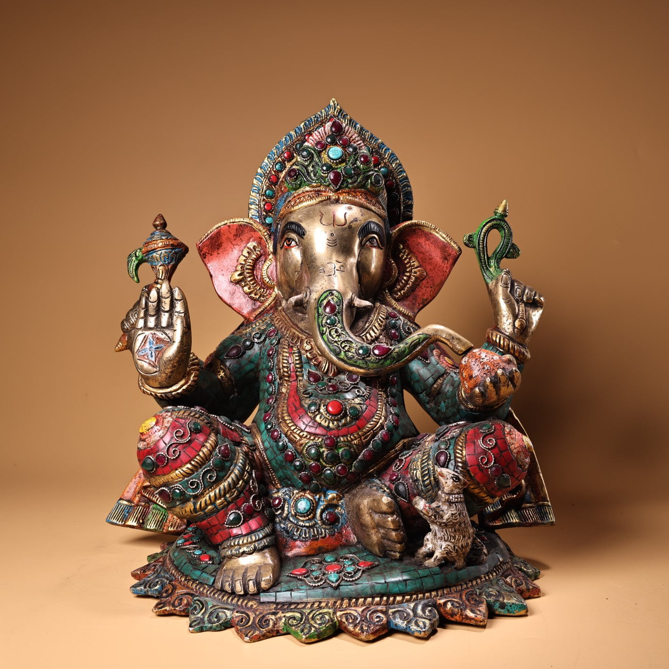A1945 Tibetan Buddhism Gilt Gold Copper Inlay Turquoise & Gems Ganesha Buddha Statue