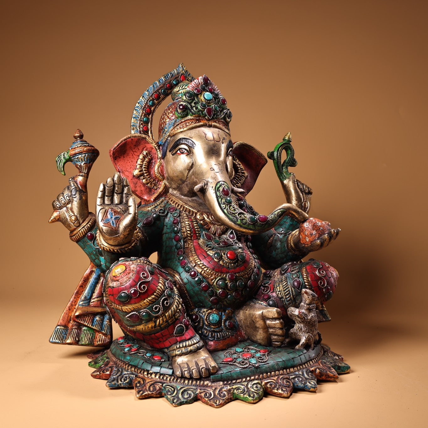 A1945 Tibetan Buddhism Gilt Gold Copper Inlay Turquoise & Gems Ganesha Buddha Statue