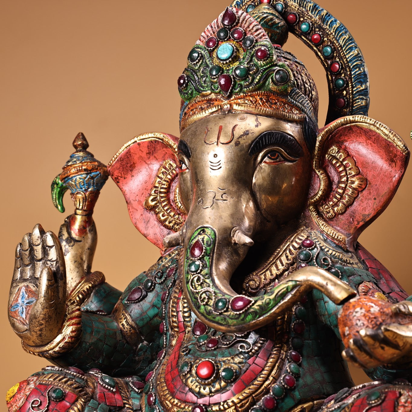 A1945 Tibetan Buddhism Gilt Gold Copper Inlay Turquoise & Gems Ganesha Buddha Statue