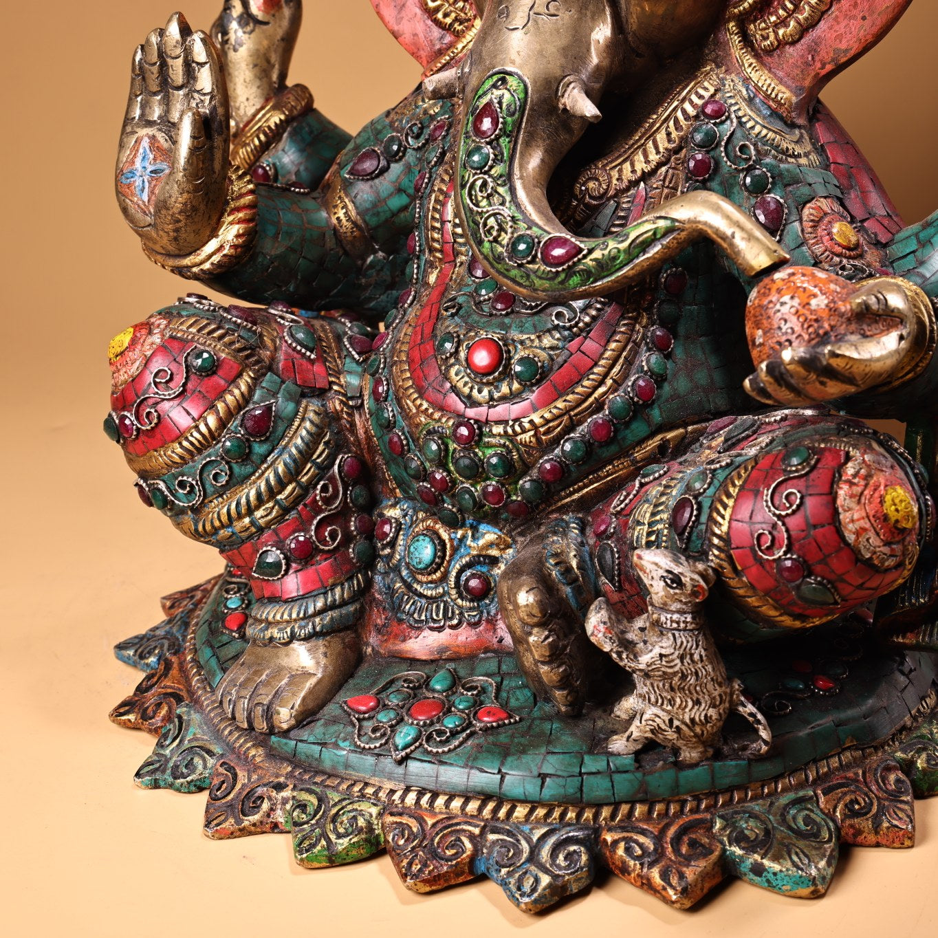 A1945 Tibetan Buddhism Gilt Gold Copper Inlay Turquoise & Gems Ganesha Buddha Statue