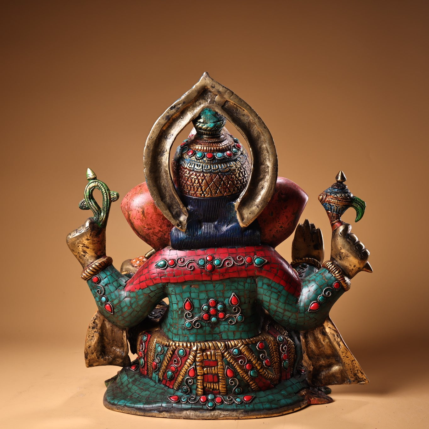 A1945 Tibetan Buddhism Gilt Gold Copper Inlay Turquoise & Gems Ganesha Buddha Statue