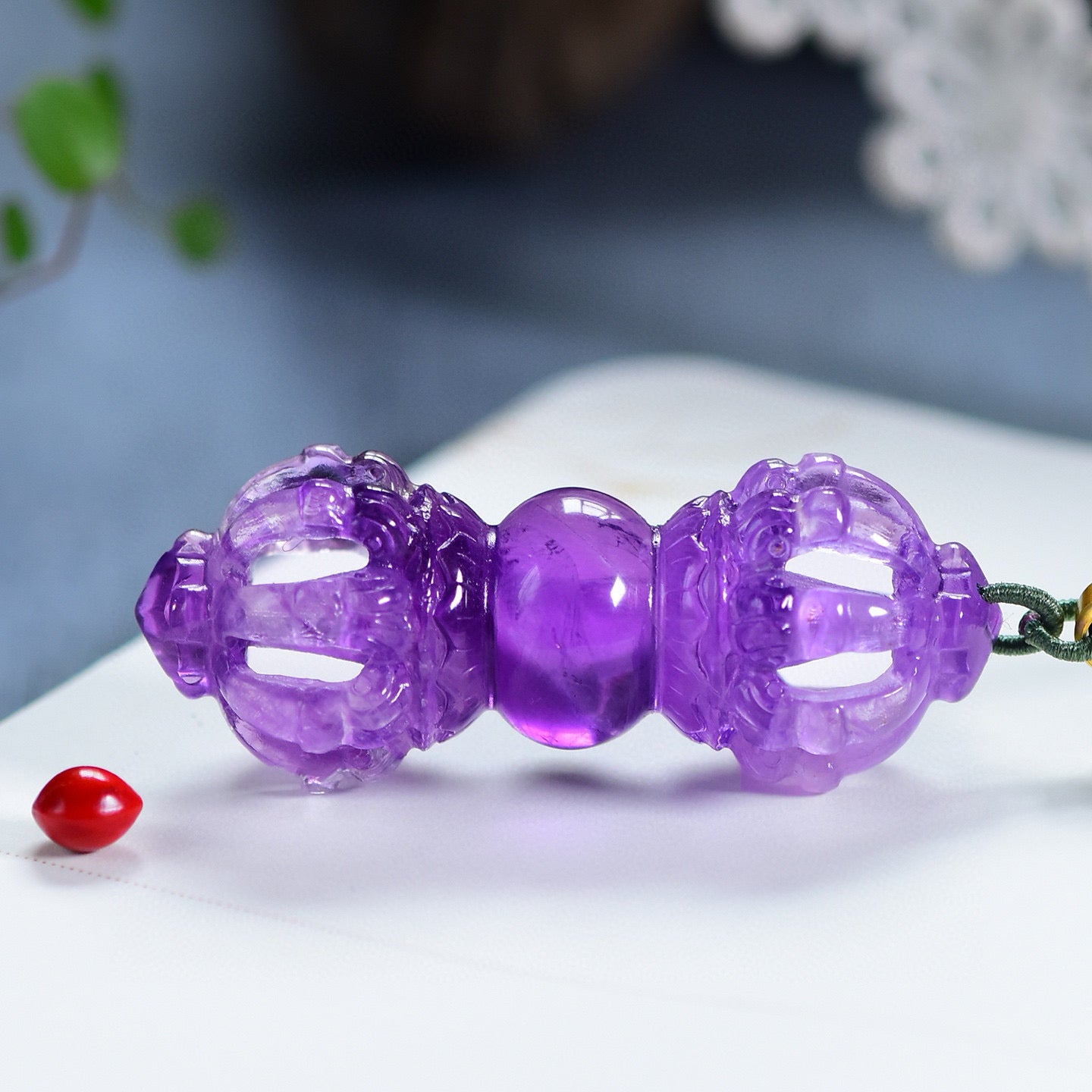 A1958 Exquisite Amethyst Carved Pestle Xiangmo Pendant w Hand Woven Necklace