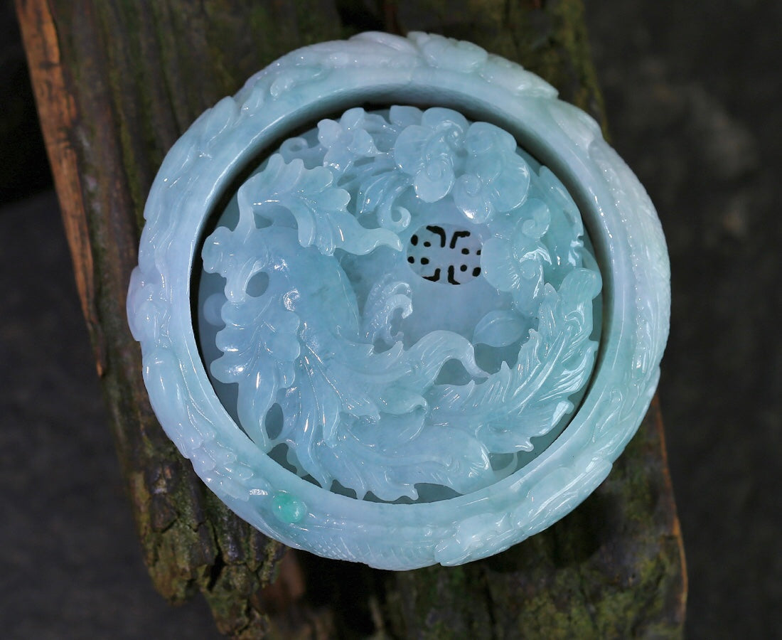 A2028 A Set Natural Jadeite Hand Carved Phoenix Pendant & Jadeiet Dragon Bracelet