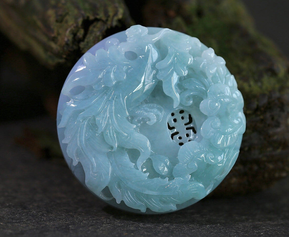 A2028 A Set Natural Jadeite Hand Carved Phoenix Pendant & Jadeiet Dragon Bracelet