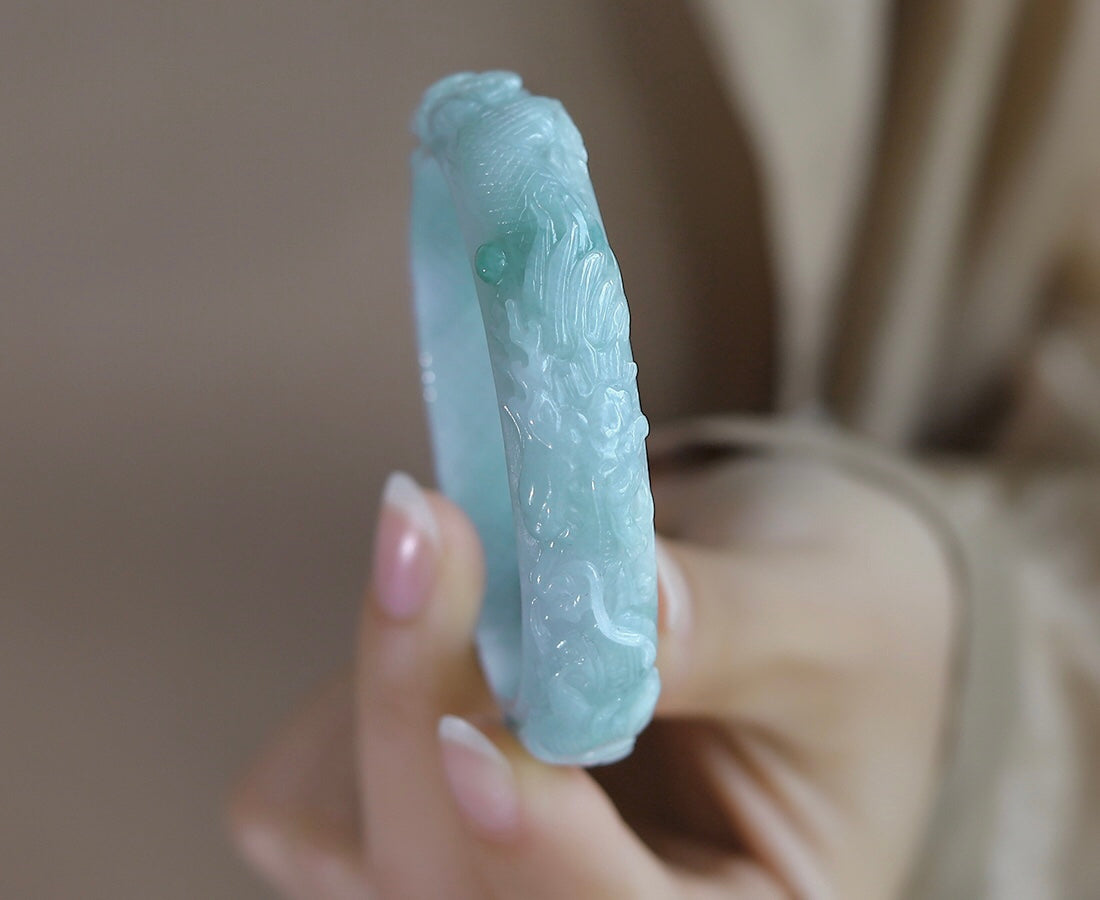 A2028 A Set Natural Jadeite Hand Carved Phoenix Pendant & Jadeiet Dragon Bracelet