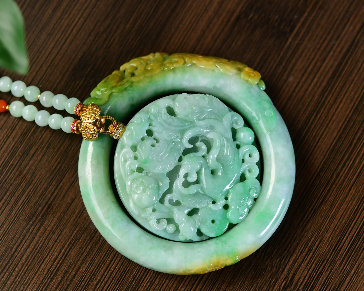 A2030 A Set Exquisite Natural Jadeite Hand Carved Fortune Dragon Pendant & Jadeite Phoenix Bracelet