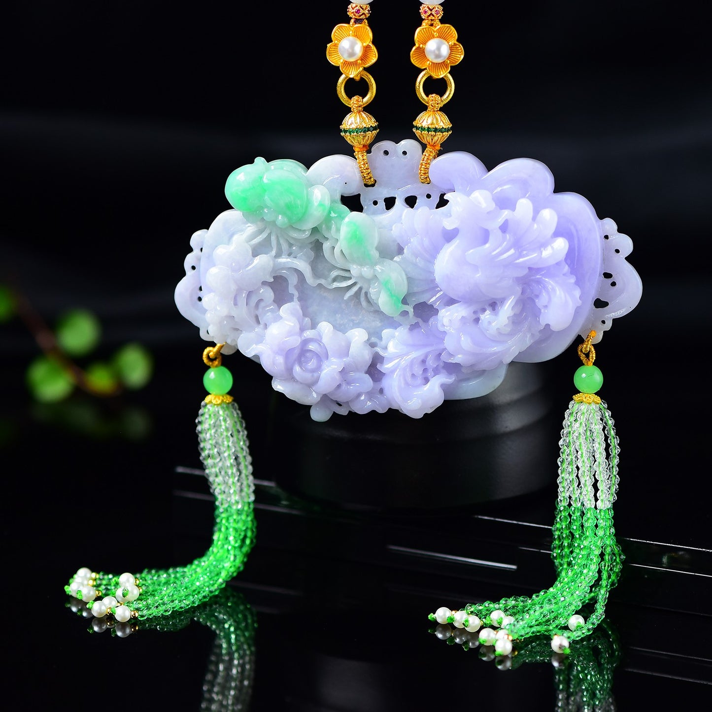 A2077 Exquisite Purple Jadeite Carved Phoenix & Peony Pendant w Beads Necklace
