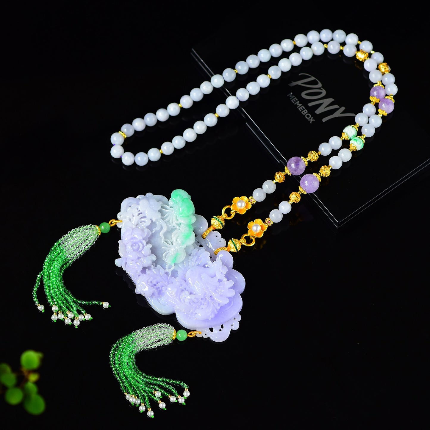 A2077 Exquisite Purple Jadeite Carved Phoenix & Peony Pendant w Beads Necklace