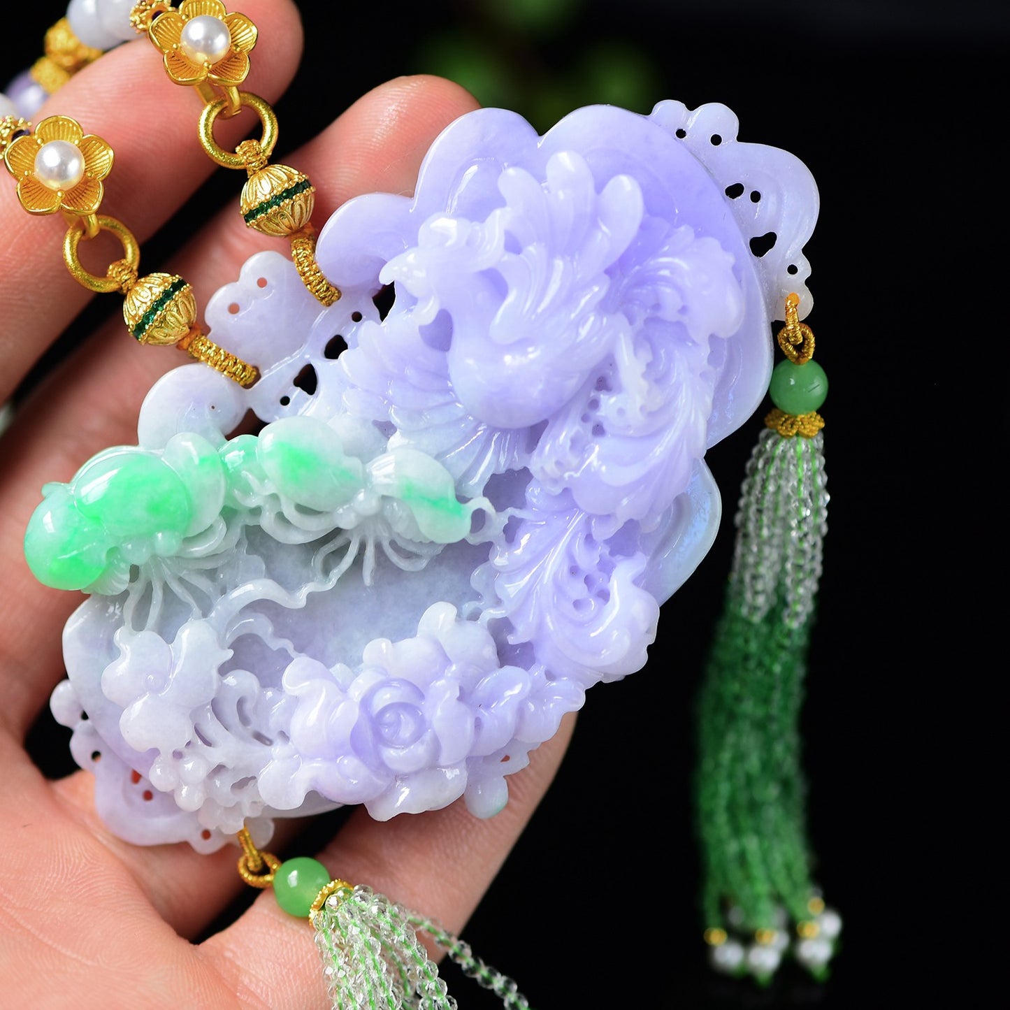 A2077 Exquisite Purple Jadeite Carved Phoenix & Peony Pendant w Beads Necklace
