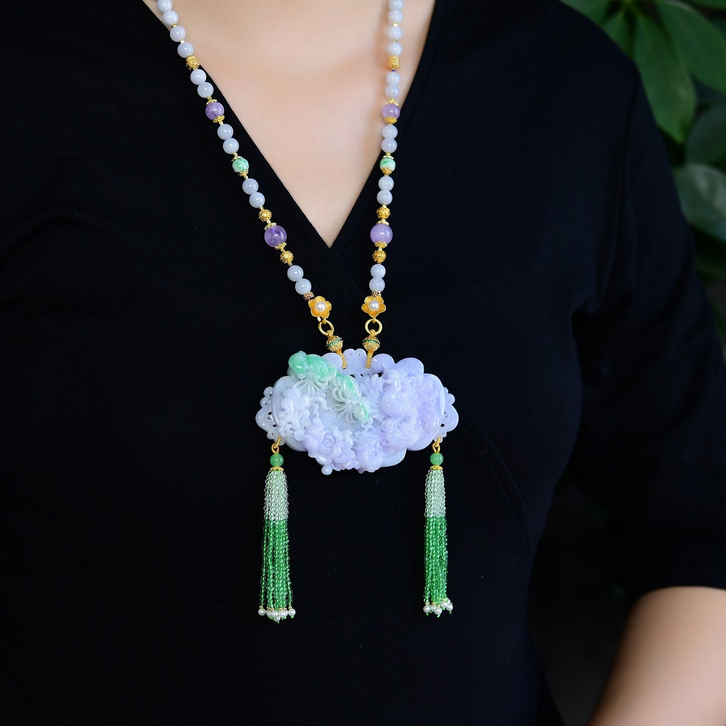 A2077 Exquisite Purple Jadeite Carved Phoenix & Peony Pendant w Beads Necklace