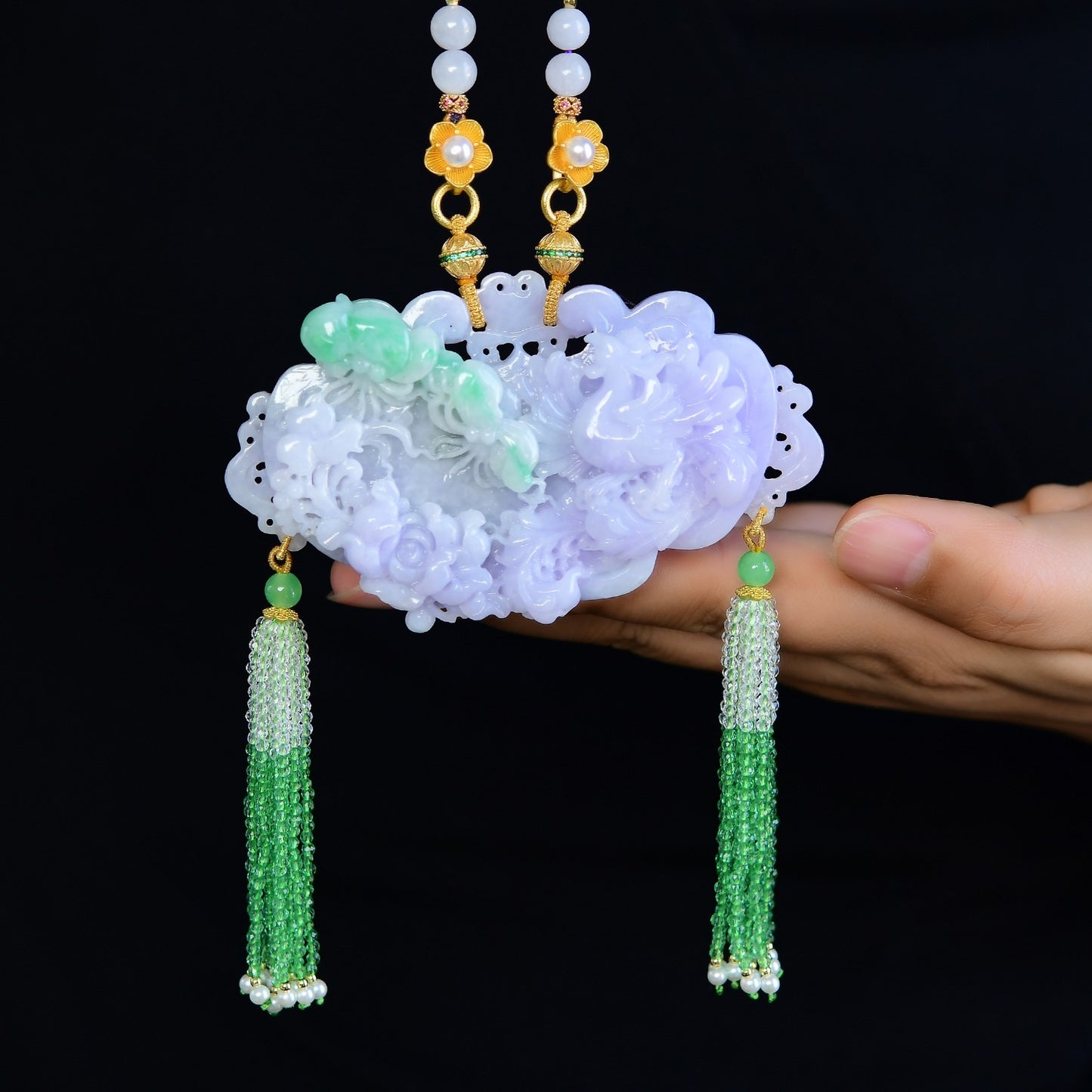 A2077 Exquisite Purple Jadeite Carved Phoenix & Peony Pendant w Beads Necklace