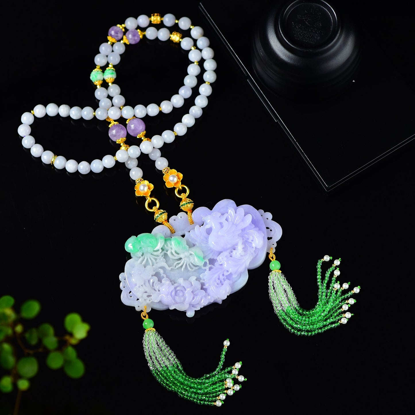 A2077 Exquisite Purple Jadeite Carved Phoenix & Peony Pendant w Beads Necklace
