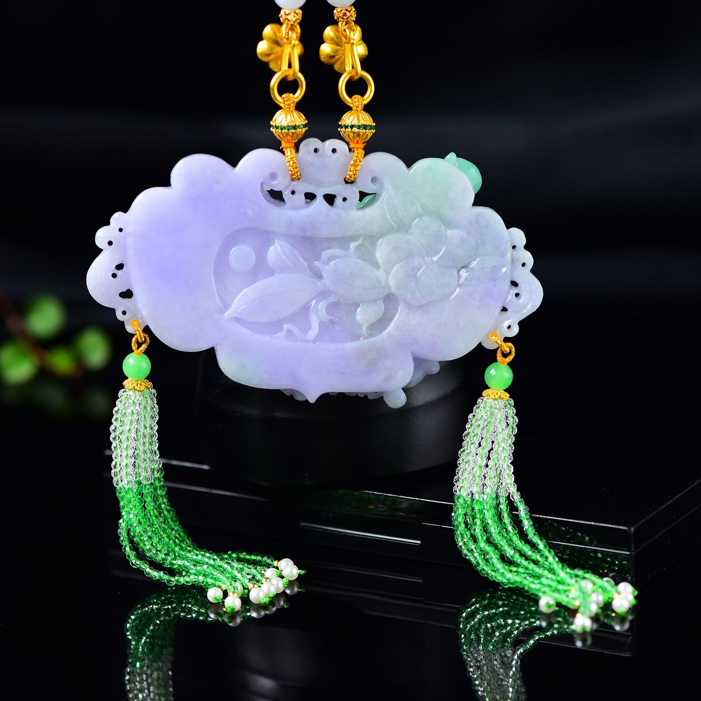 A2077 Exquisite Purple Jadeite Carved Phoenix & Peony Pendant w Beads Necklace