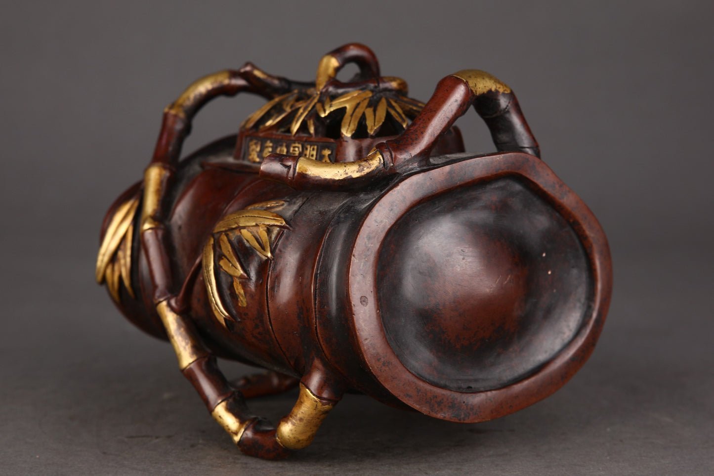 A2078 Vintage Chinese Gilt Gold Copper Fortune Bamboo Incense Burner